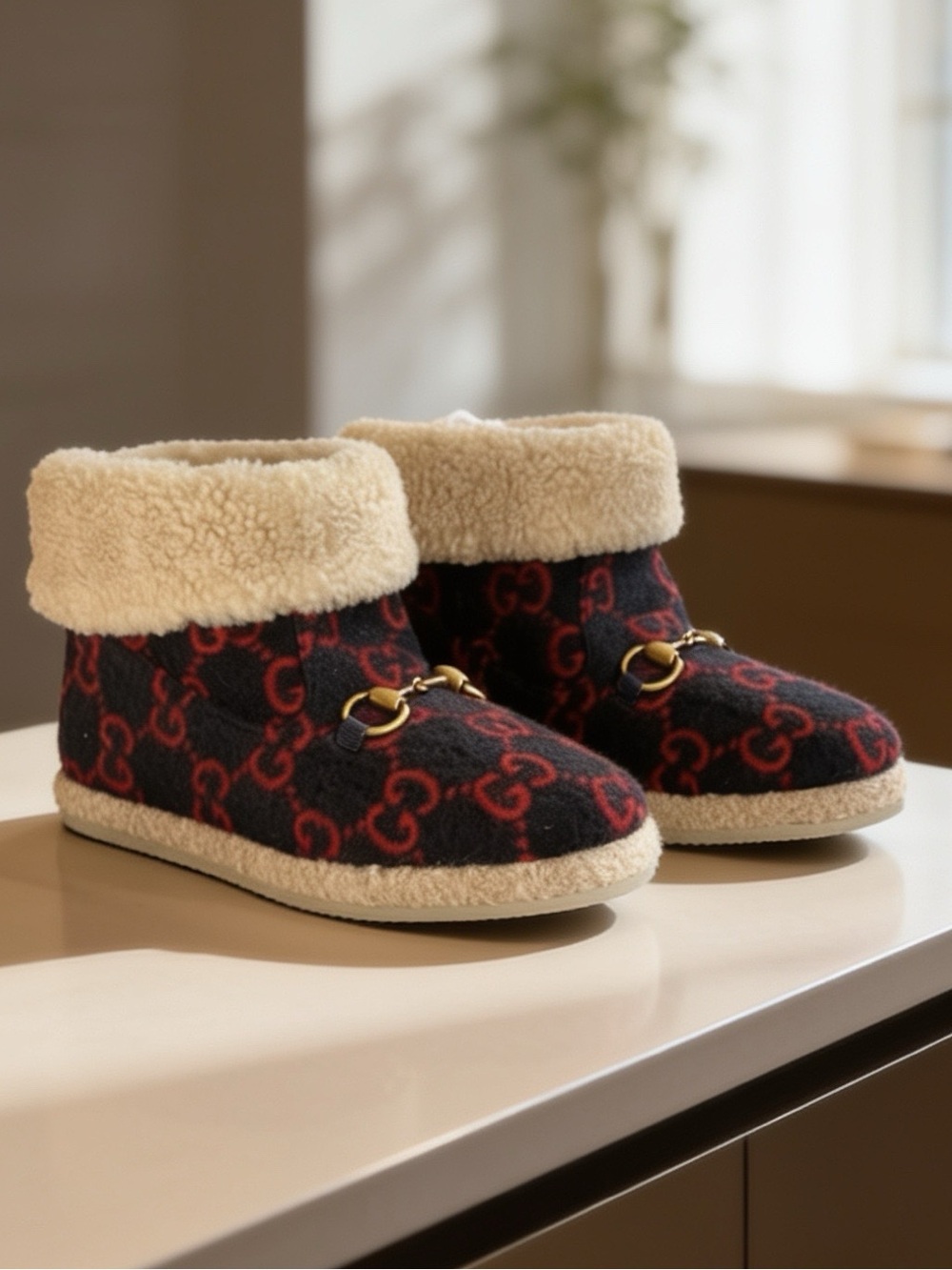 GUCCI FRIA GG Logo Wool Shearling  Horsebit Ankle Boots 6.5